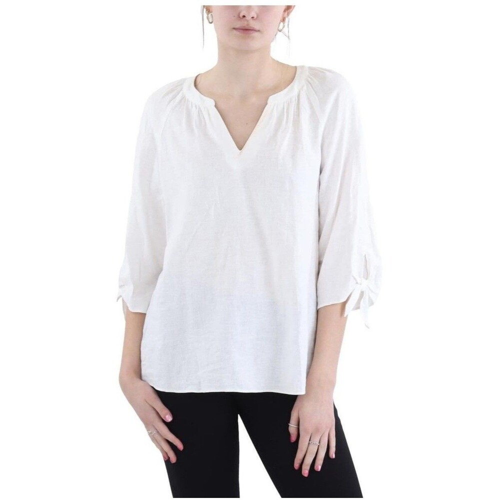 Jones New York Womens Petite PXL White Linen Split Neck 3/4 Sleeves Top NWT CO20
